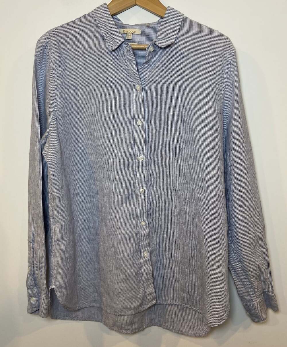 Barbour Marine Relaxed Fit Shirt Blouse 100% Linen Blue White Stripe Preppy 12